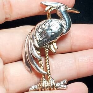 Crane Heron Bird Brooch Pendant Unsigned 2" Vtg Pin Silver Gold Tone